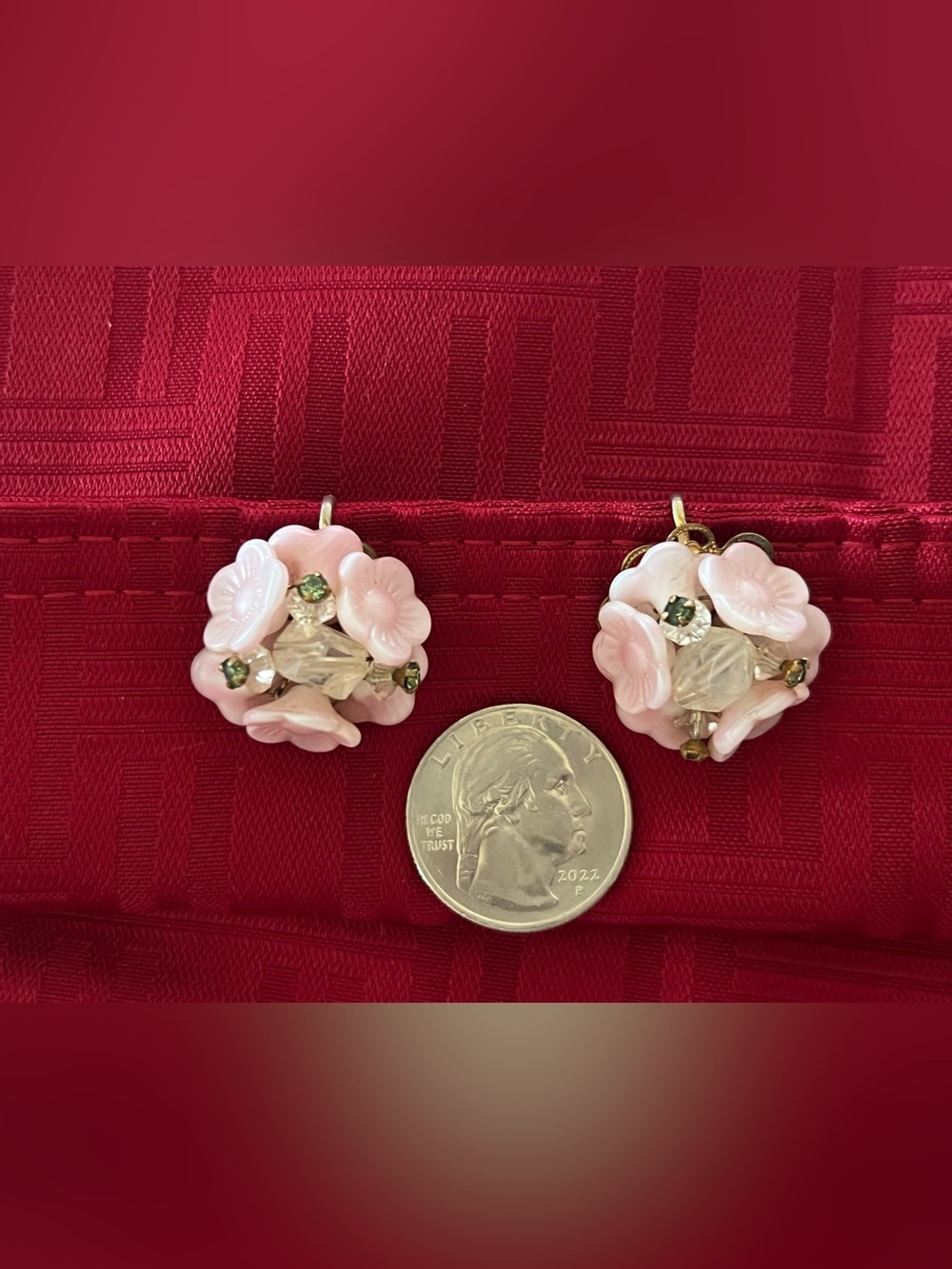 Vintage Clip On Earrings Pink Floral, Aurora Borealis Rhinestone, & Glass Beads